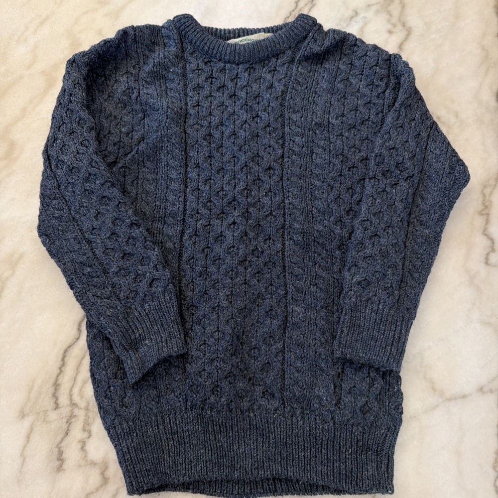 Vintage Aran Crafts Ireland Wool Fisherman Sweater Womens S Blue Cable Knit